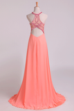 Halter Prom Dresses A Line Chiffon & Tulle Sweep Train With Beading