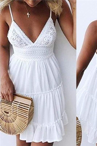 Summer Fashion Deep V Neck Lace Crochet Backless Party Dresses JS443