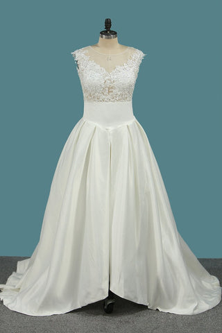 A Line Satin Scoop Wedding Dresses With Applique Asymmetrical