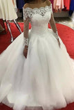 Boat Neck Long Sleeves Wedding Dresses Ball Gown Tulle With Appliques