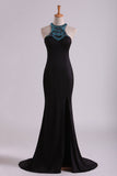 Black Scoop Column Prom Dresses Chiffon With Rhinestones & Beads Sweep Train