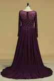 Prom Dresses Scoop Long Sleeves Chiffon A Line Sweep Train