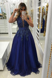 A Line Scoop Tulle Prom Dresses With Applique And Beads