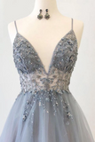 Spaghetti Straps V Neck Tulle Prom Dress With Appliques, A Line Long Formal Dress With Beads