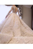 Luxurious Long Sleeves Scoop A Line Lace Wedding Dresses With Pearls Royal Train