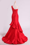 Red One Shoulder Mermaid Prom Dresses Taffeta With Applique & Beads