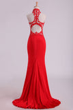 Red High Neck Open Back Prom Dresses With Applique Sweep Train Spandex