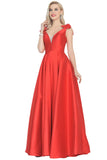 V-Neck Bubble Shoulder A-Line Satin Evening Dress Floor-Length