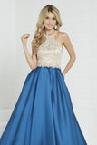 A Line Scoop Satin Prom Dresses With Beads Sweep Train