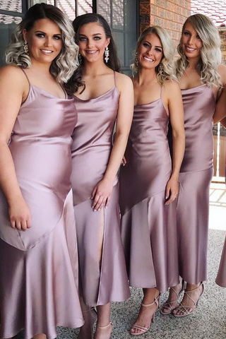 Sheath Spaghetti Straps Tea Length Lilac Bridesmaid Dress With Split Prom Dresses