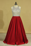 Burgundy Scoop Open Back Beaded Bodice A Line Prom Dresses Satin & Tulle Plus Size