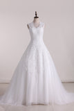 Wedding Dress A Line V-Neck Lace And Tulle With Applique Chapel Train