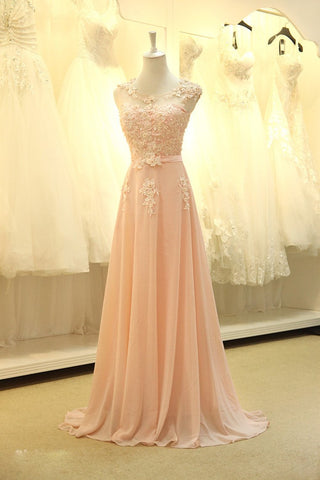 Prom Dresses A Line Scoop Chiffon With Applique And Sash Sweep Train