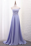 One Shoulder A Line Satin Prom Dresses With Handmade Flowers And Slit