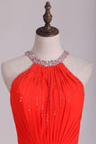 Prom Dresses Halter A Line Chiffon With Beads Floor Length