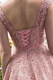 Bateau A-Line Lace Prom Dresses Tea Length With Applique And Belt