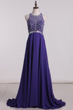 Prom Dresses A Line Scoop Beaded Bodice Chiffon Sweep Train