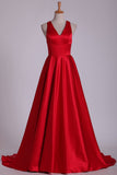 Red V Neck Evening Dresses A Line Sweep Train With Slit & Ruffles