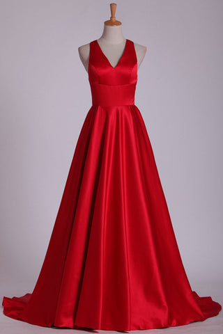 Red V Neck Evening Dresses A Line Sweep Train With Slit & Ruffles