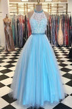 Halter Lace Bodice A Line Long Tulle Prom Dresses Evening Dresses