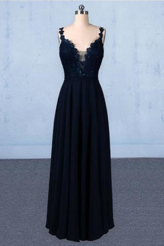 Dark Navy Blue Straps Floor Length Evening Dresses, Long Chiffon Prom Dress With Lace