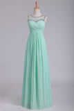 Mint Scoop A Line Prom Dresses Chiffon With Beads & Ruffles Floor Length