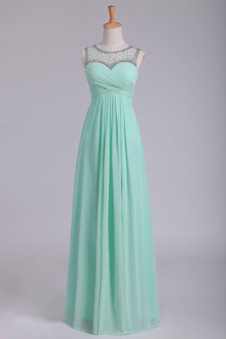 Mint Scoop A Line Prom Dresses Chiffon With Beads & Ruffles Floor Length