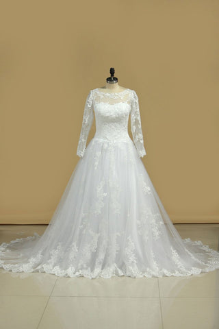 Tulle Scoop Long Sleeves A Line With Applique Wedding Dresses