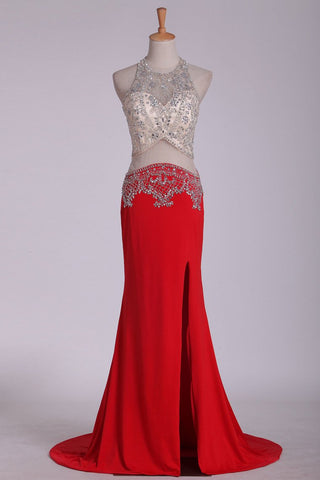 Prom Dresses Scoop Spandex With Beading And Slit Sweep Train Sheath