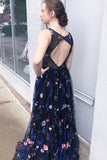 Gorgeous A Line Bateau Blue Floral Tulle Long Prom Dresses, Cheap Formal Dresses SJS15234