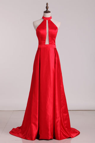 New Arrival A Line Halter Satin Sweep Train Evening Dresses