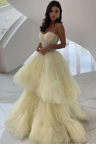 Princess A Line Spaghetti Straps Daffodil Layers Tulle Prom Dresses, Sweetheart Prom Gowns SJS15284