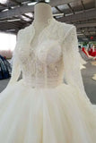 Ball Gown Wedding Dresses High Neck Long Sleeves Royal Train Tulle With Beading