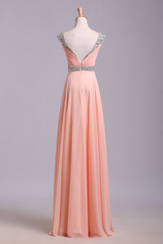 Best Selling Prom Dresses A-Line V-Neck Floor-Length Chiffon Zipper Back