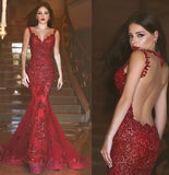 Gorgeous Red Mermaid V-neck Backless Prom Dresses with Beading Appliques For Spring Teens JS130