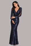 Long Split Sleeve Mermaid V Neck Dark Navy Blue Sequins Prom Dresses, Formal Dress SJS15256