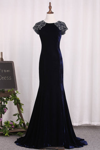 Velvet Mermaid Evening Dresses Scoop With Beading Sweep Train