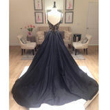 New Arrival Deep V-Neck Lace Chiffon Elegant A-line Black Long Open Back Prom Dresses JS822