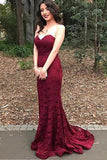 Burgundy Sweetheart Strapless Lace Mermaid Cheap Long Prom Dress Bridesmaid Dresses JS13