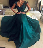 Elegant Beaded Peacock Green V Neck Long Satin Open Back Prom Dresses JS98