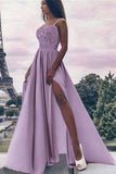 A Line Spaghetti Straps High Slit Sweetheart Chiffon Lace Appliques Prom Dresses JS310