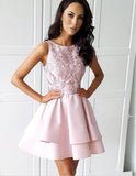 Pretty Bateau Short Blush Pink Scoop Satin Lace Appliques Homecoming Dresses JS16