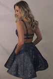 Shiny Spaghetti Straps Dark Grey Sparkly Homecoming Dresses with Pocket Short Dress H1006