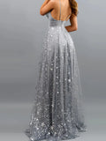 A-Line Glittering Prom Dress V Neck Sleeveless Sweep Train