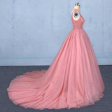 Ball Gown V Neck Tulle Prom Dress with Beads, Puffy Pink Sleeveless Quinceanera Dresses SJS15074