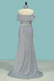 Boat Neck Prom Dresses Mermaid Sequins With Sash Sweep Train