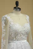 Boat Neck Wedding Dresses A-Line Long Sleeves Applique Tulle