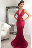 New Arrival V Neck Evening Dresses Mermaid Satin Sweep Train