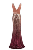 Sexy Sequins Mermaid V Neck Burgundy Velvet Long Prom Dresses Backless Evening Dress SJS15352