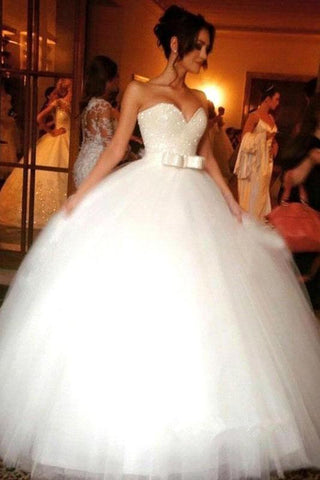 Ball Gown Bowknot Sweetheart Tulle Wedding Dresses Strapless Ivory Wedding Gowns SJS14966